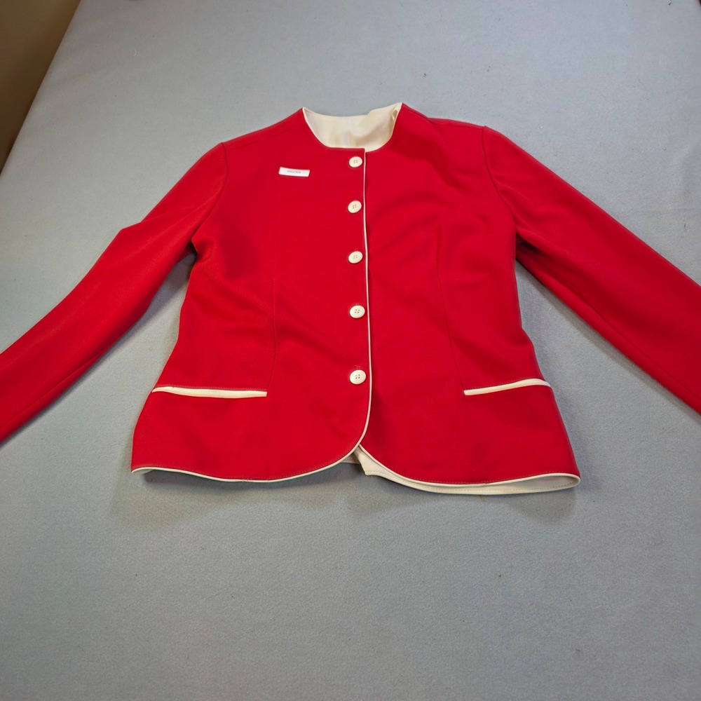 Vintage Red Collarless Blazer Cream Trim Button Front Career Jacket 0002305 - Picture 1 of 7